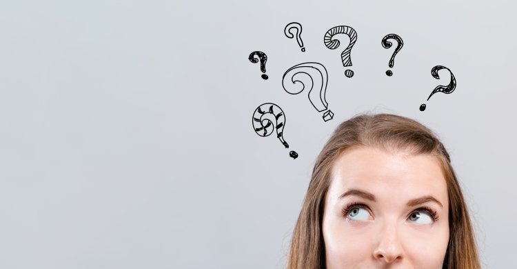 reimage features system optimizers woman wondering question mark symbols above her head gray background